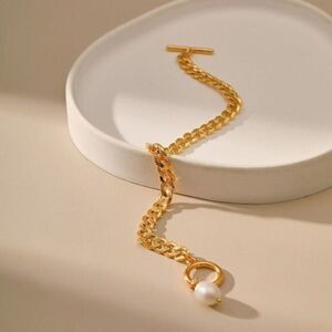 18K Gold-Plated Chain Bracelet with Pearl Charm - Elegant Retro Style